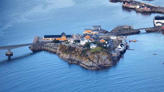 A stunning aerial view of Reine, Norway's picturesque island with scenic landscapes.