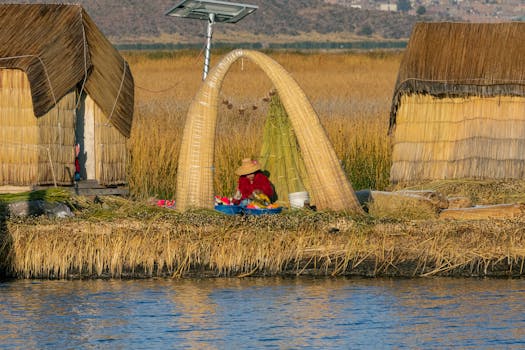 Captivating view of reed houses on the floating Uros Islands, Lake Titicaca, Peru.