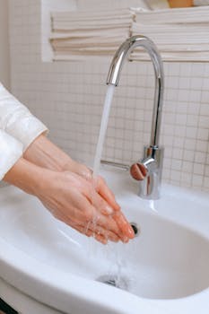 Close-up of a woman washing hands under a running faucet, promoting hygiene.