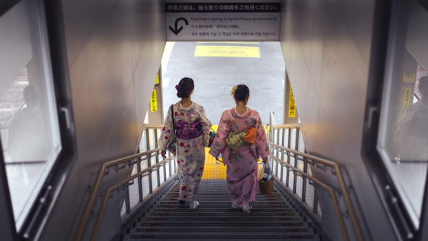 Two women wearing kimonos descend a staircase at a Kyoto train station in Japan, symbolizing cultural travel.