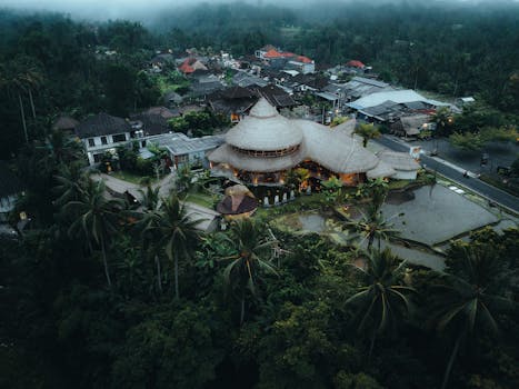 A stunning aerial view of a bamboo resort in Tegallalang, Bali, Indonesia, surrounded by lush greenery.