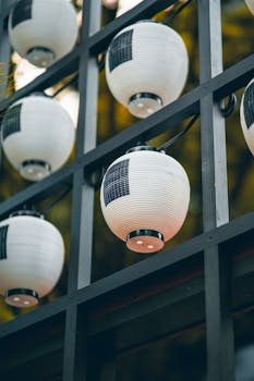 Close-up of solar-powered Japanese lanterns in Shibuya, Tokyo, Japan, against a verdant backdrop.